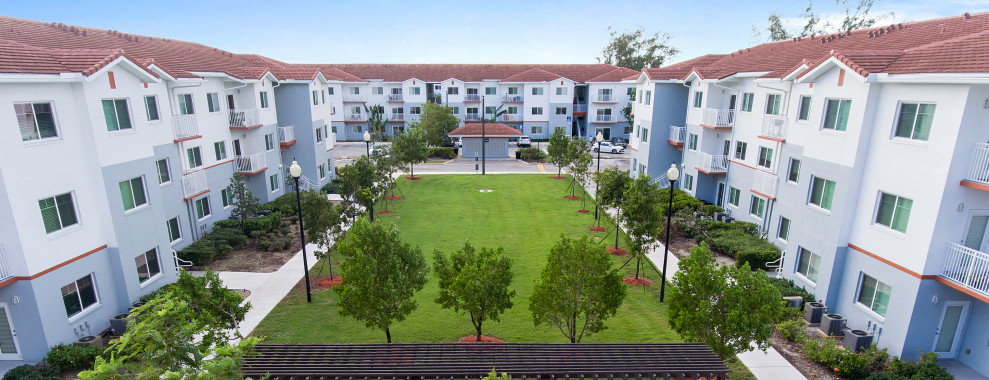 A green lawn with trees surrounded by buildings in the background