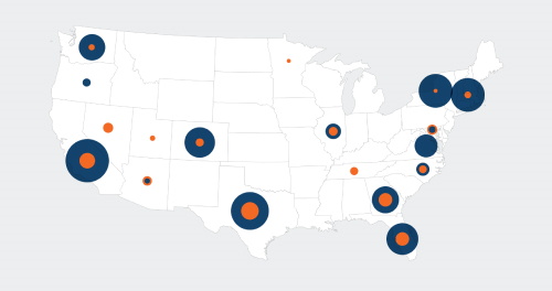 A map infographic of the USA with circles plotted to show Multifamily and Industrial property value