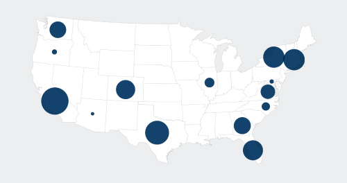 A map infographic of the USA with circles plotted to show Multifamily property value