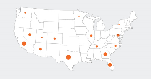 A map infographic of the USA with circles plotted to show Industrial property value